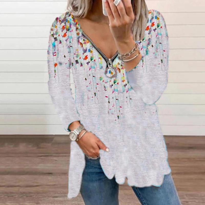 Floral V-Neck Zip Long Sleeve Top