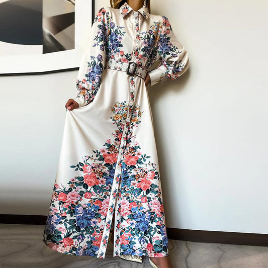 Print Turndown Collar Waist Skirt Dress