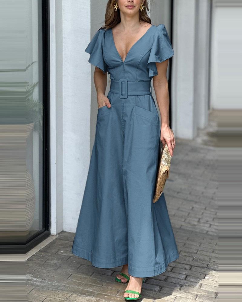 V-neck Solid Color Ruffled Sleeve Maxi Dress