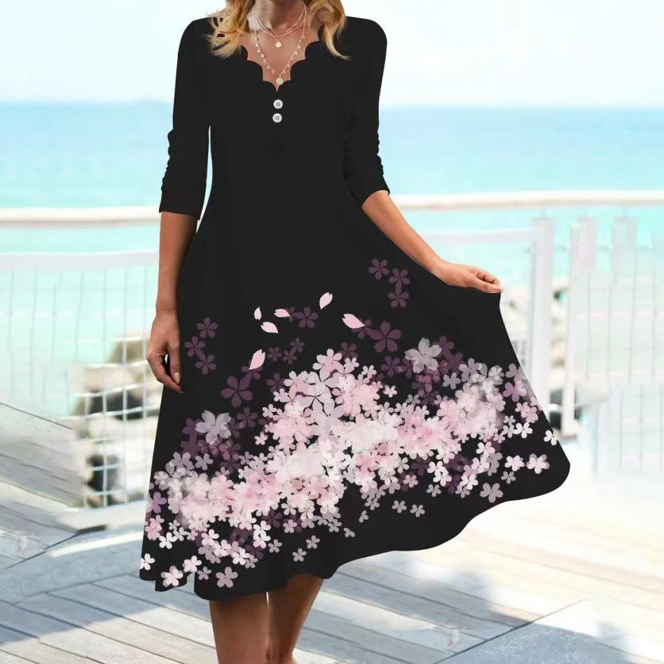 Wavy V-Neck Button Print Dress