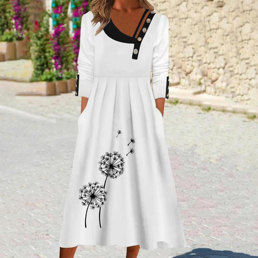 White Slash Neck Long Sleeve Printed Dress