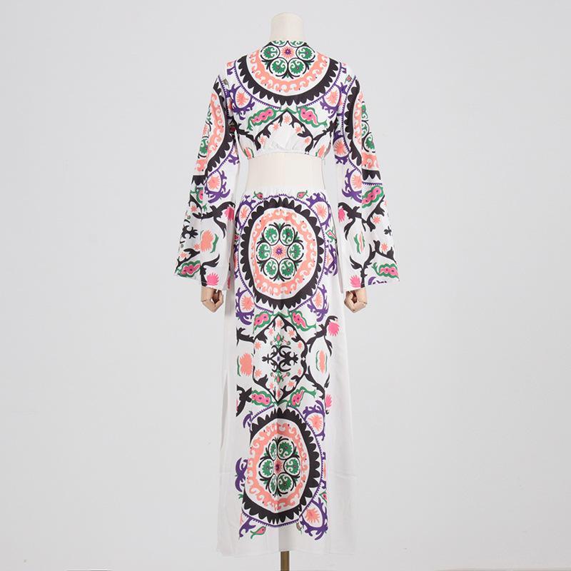 Retro print large V-neck hollow patchwork floral dress