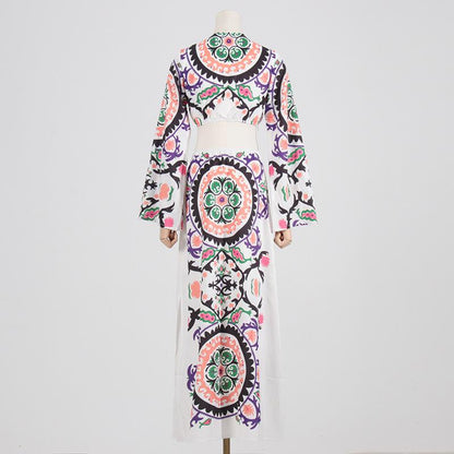 Retro print large V-neck hollow patchwork floral dress