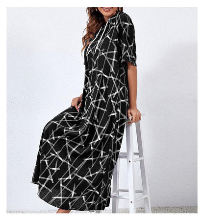 Baggy Short Sleeve Print Maxi Hooded Dress