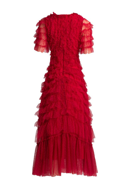 Ruffled Tulle Gown In Red