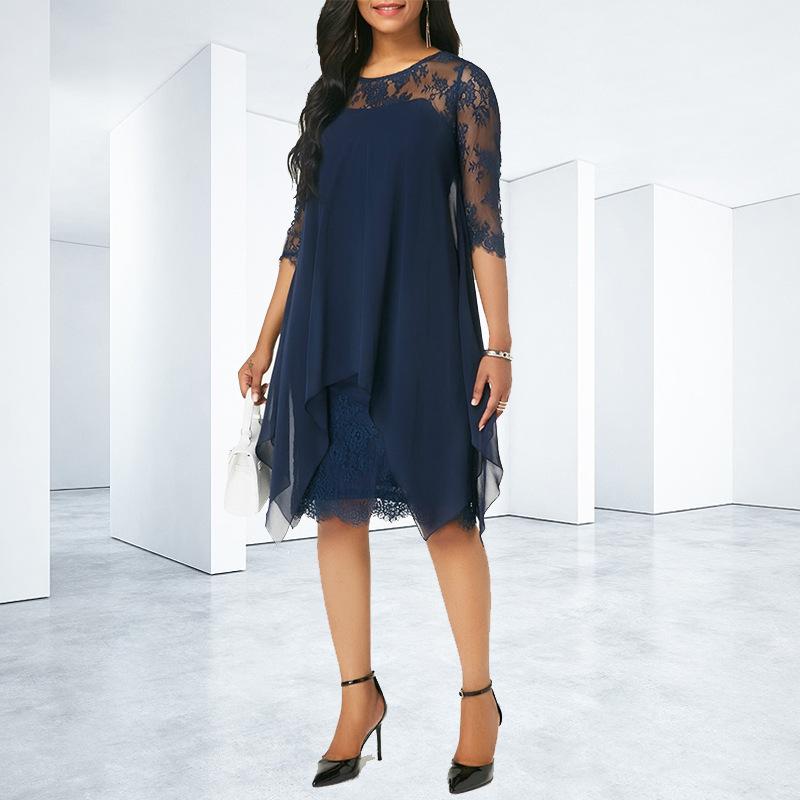 Three Quarter Sleeve Chiffon Overlay Lace Dress