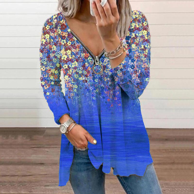 Floral V-Neck Zip Long Sleeve Top