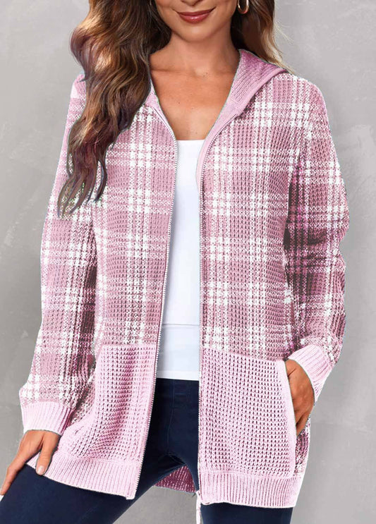 Tartan Print Zipper Closure Pink Hoodie