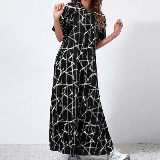 Baggy Short Sleeve Print Maxi Hooded Dress