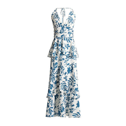 Printed halter V-neck ruffle dress