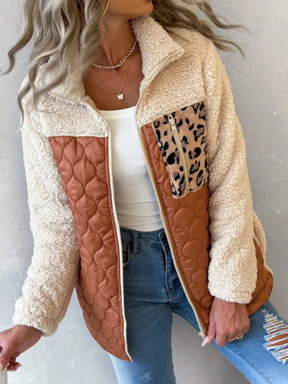Leopard Patchwork Colorblock Zipper Teddy Coat