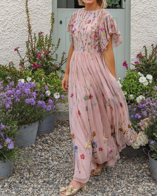 Spring Flute Sleeve Maxi Dress