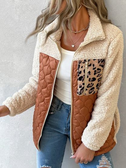 Leopard Patchwork Colorblock Zipper Teddy Coat