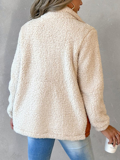 Leopard Patchwork Colorblock Zipper Teddy Coat