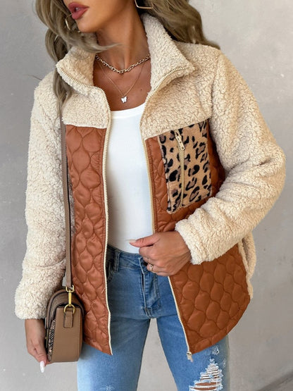 Leopard Patchwork Colorblock Zipper Teddy Coat