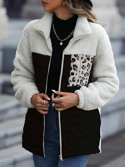 Leopard Patchwork Colorblock Zipper Teddy Coat