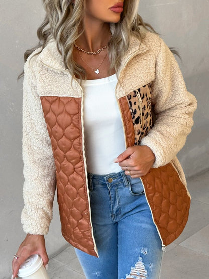 Leopard Patchwork Colorblock Zipper Teddy Coat
