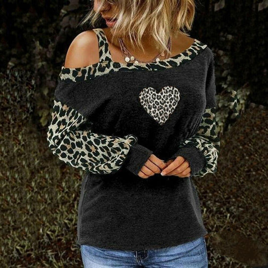 Loose Long Sleeve One Shoulder Leopard Print Sexy Top