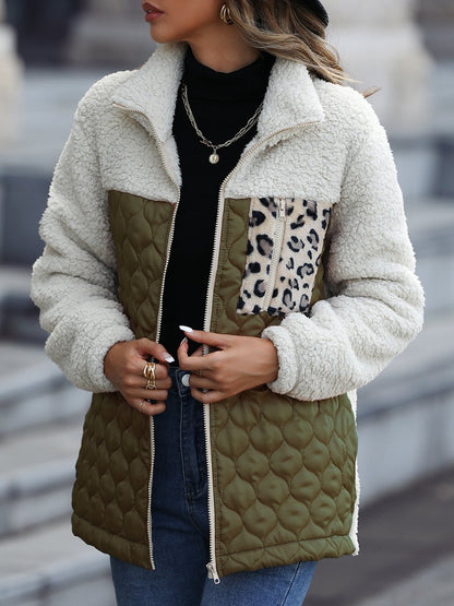 Leopard Patchwork Colorblock Zipper Teddy Coat