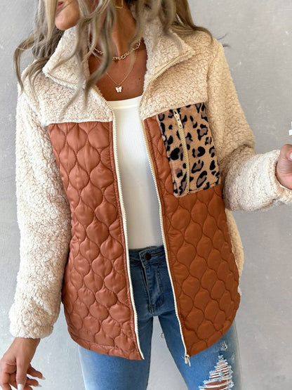 Leopard Patchwork Colorblock Zipper Teddy Coat