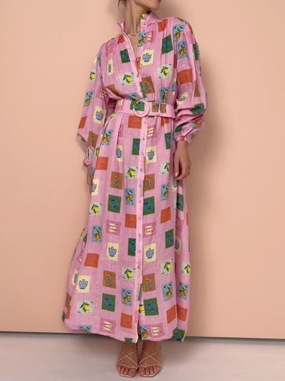 Colorful Printed Loose Belt Shirtdress