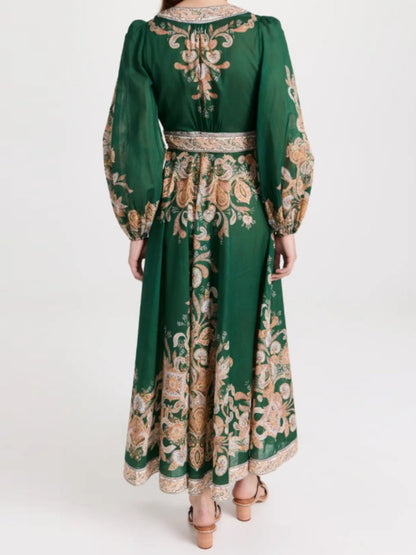 Fall Green Printed Long Sleeve Dress