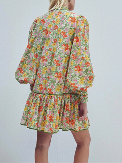 Puff Sleeves Vintage Pastoral Floral Mini Dress