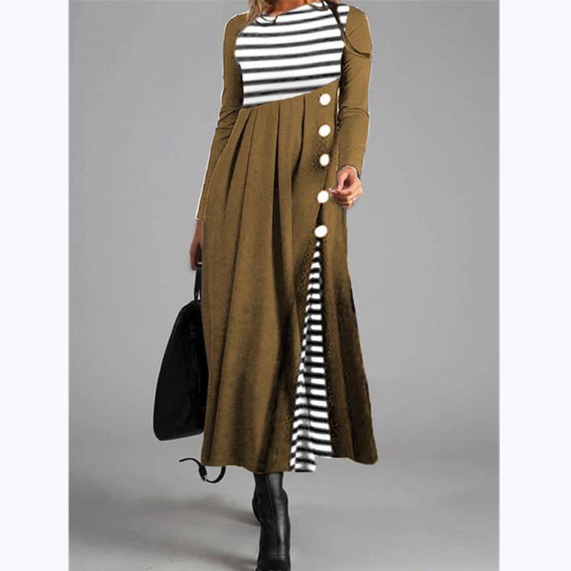 Striped Solid Color Button Long Sleeve Dress