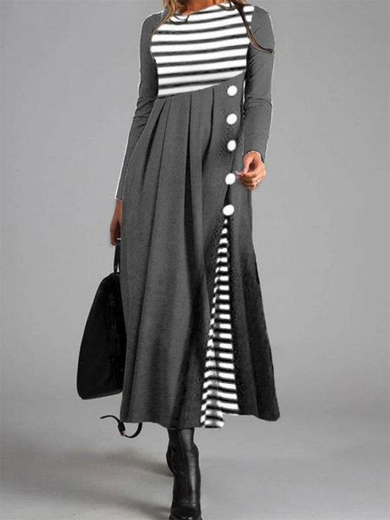 Striped Solid Color Button Long Sleeve Dress